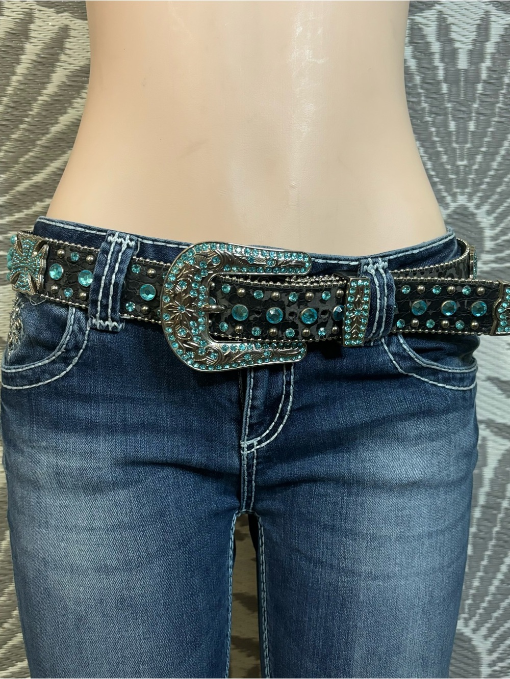 Genuine Leather Western Concho Belt Turquoise Rhinestone Studded Black L